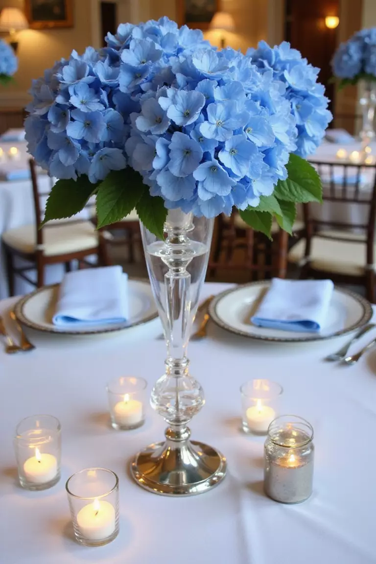 Table Centerpieces With Blue Hydrangeas A professional photo, similar to a photo in a wedding magazine, of elegant table centerpieces with lush blue hydrangeas in crystal vases surrounded by silver candelabras on white tablecloths.
