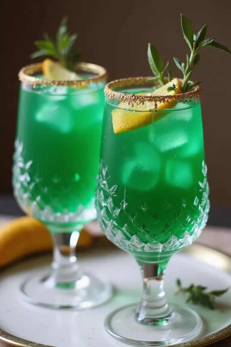 Green Signature Cocktails In Gold-Rimmed Glasses A professional photo, similar to a photo in a wedding magazine, of vibrant emerald-colored cocktails in crystal glasses with gold-rimmed edges, garnished with herbs and citrus twists.