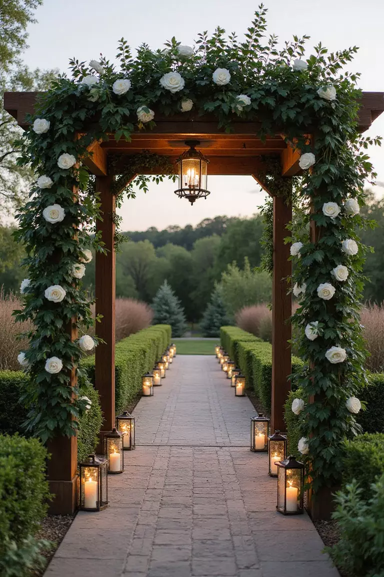 Garden-Inspired Pergola Wraps A professional photo, similar to a photo in a wedding magazine, of a wooden pergola wrapped in climbing greenery, white roses, and warm bistro lights.