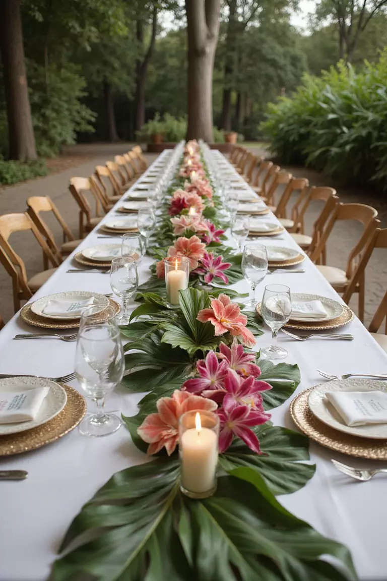 Tropical Leaf And Orchid Tablescapes A professional photo, similar to a photo in a wedding magazine, of long reception tables adorned with monstera leaves, palm fronds, and exotic orchids creating tropical garlands.