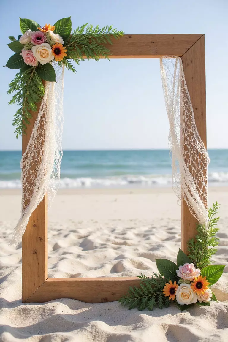 Beachside Photobooth A professional photo, similar to a photo in a wedding magazine, of a wooden photobooth frame decorated with netting, shells and tropical flowers on a sandy beach.