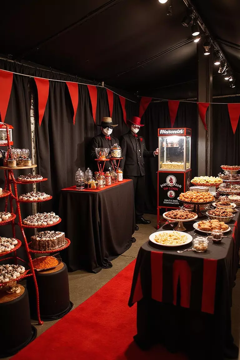 Dark Carnival After Midnight A professional photo, similar to a photo in a wedding magazine, of striped black and red dessert displays, vintage popcorn machines, dark bunting, and elegant masked performers beneath a dramatic black canopy tent.