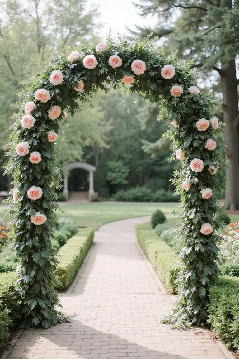 Romantic Rose And Eucalyptus Archway A professional photo, similar to a photo in a wedding magazine, of an elegant archway covered in cascading pink roses and silver-green eucalyptus leaves framing a garden ceremony space.