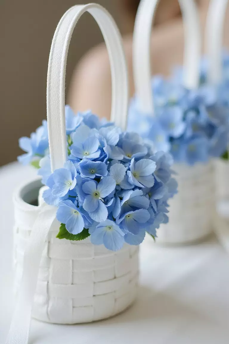 Blue Hydrangea Flower Girl Baskets A professional photo, similar to a photo in a wedding magazine, of adorable white flower girl baskets adorned with blue hydrangea blooms and trailing ribbons.