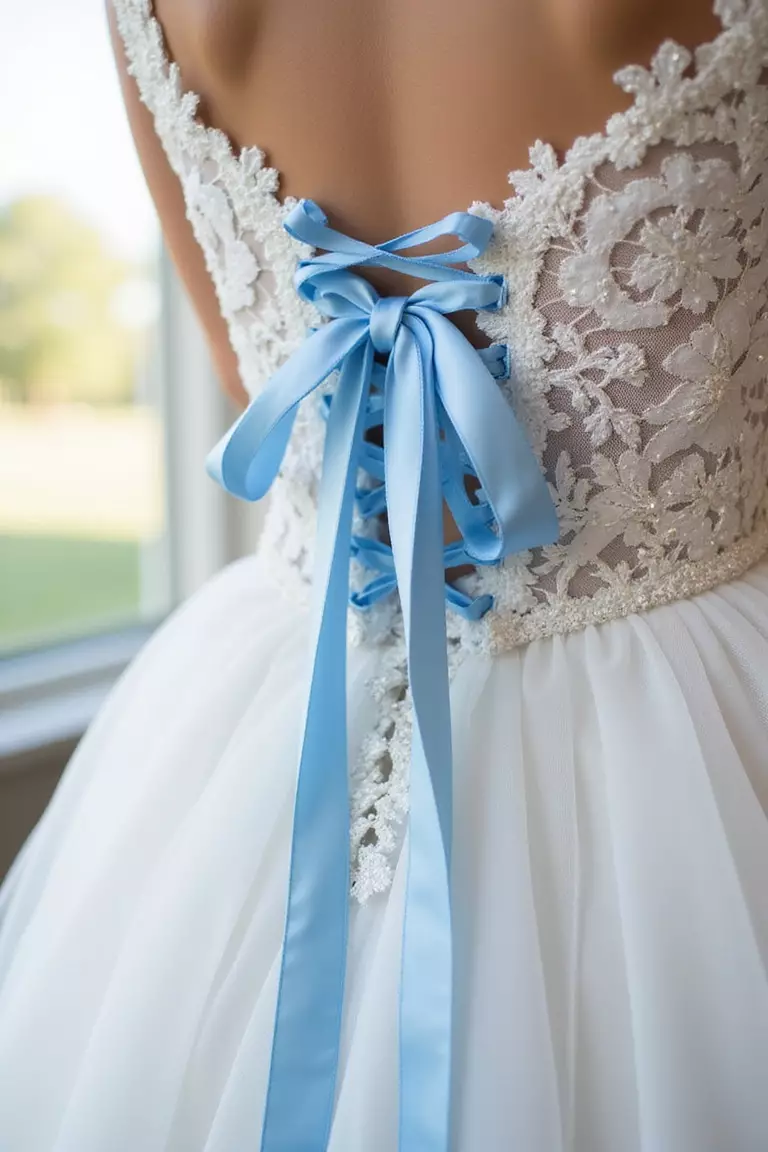 White Lace With Blue Ribbon Details A professional photo, similar to a photo in a wedding magazine, of delicate white lace wedding details interwoven with thin blue satin ribbons against natural light.