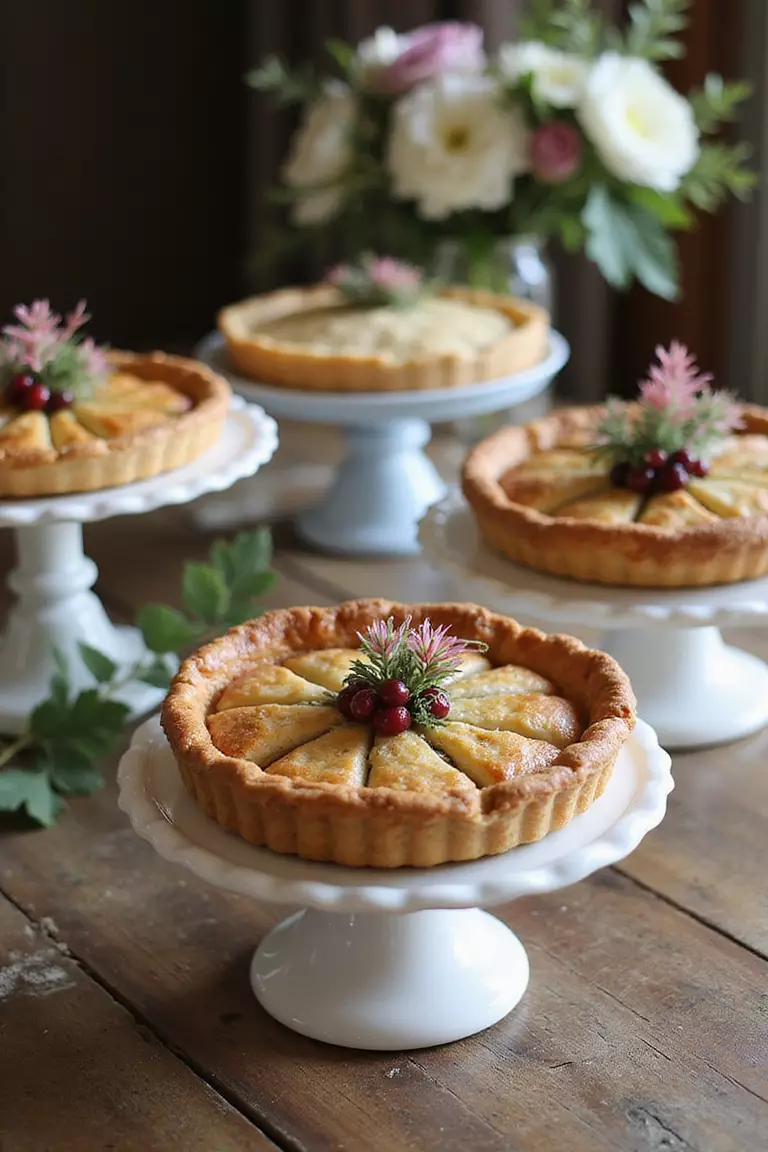 Pie Bar Instead Of Traditional Cake A professional photo, similar to a photo in a wedding magazine, of a rustic wooden table displaying various homemade pies on vintage cake stands, decorated with small flower arrangements and berries.