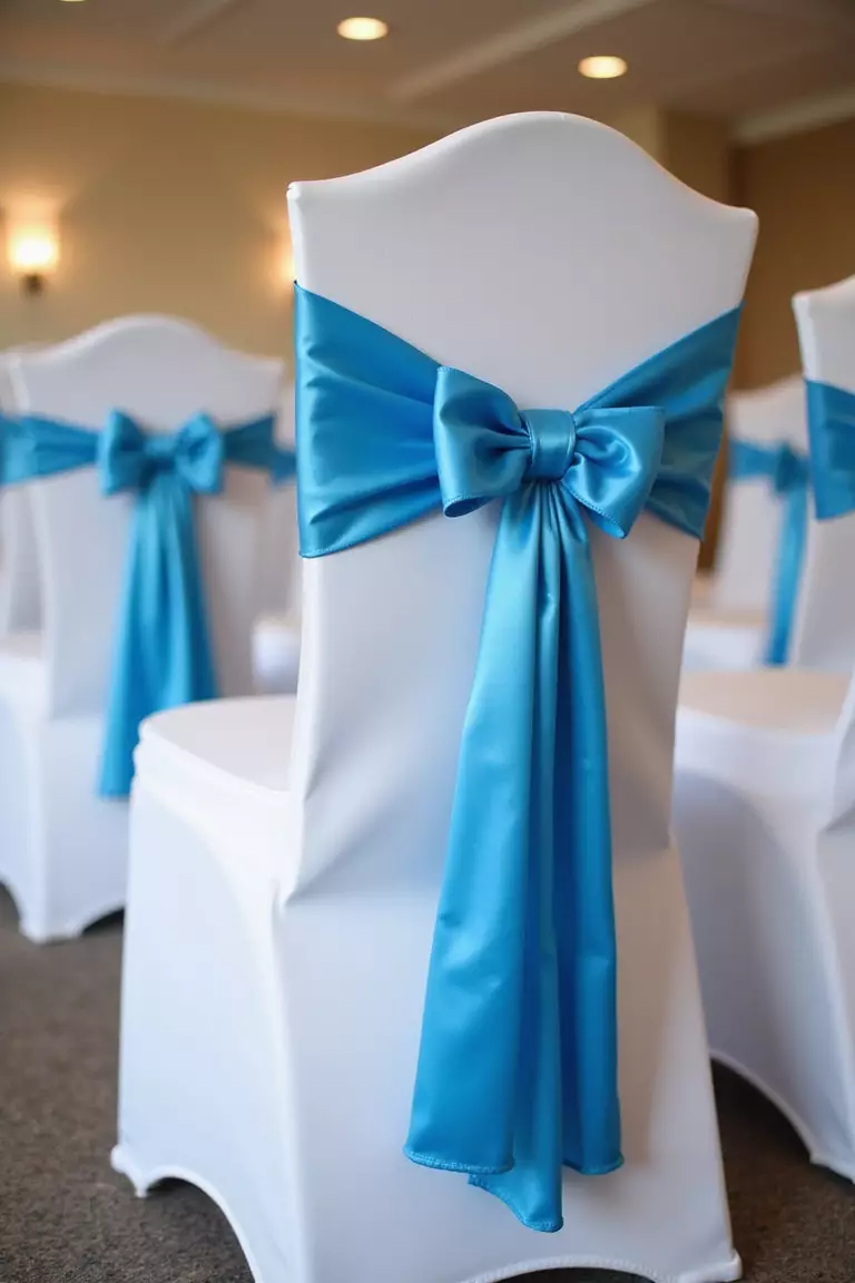 Blue Satin Chair Sashes A professional photo, similar to a photo in a wedding magazine, of white chiavari chairs adorned with flowing blue satin sashes tied in elegant bows.