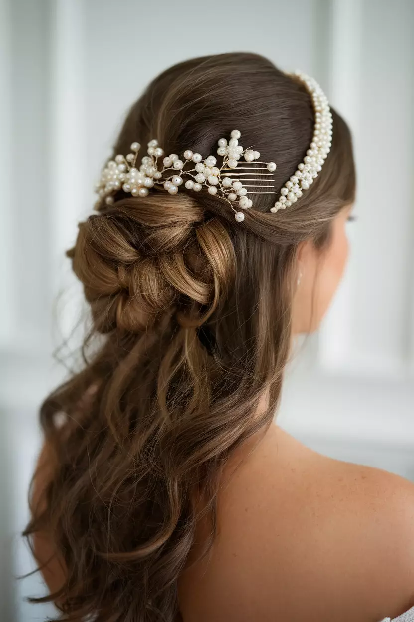 Classic Chignon With Pearl Embellishments A professional photo, similar to a photo in a wedding magazine, of a classic low chignon adorned with pearl pins and combs, creating a timeless and sophisticated bridal look.
