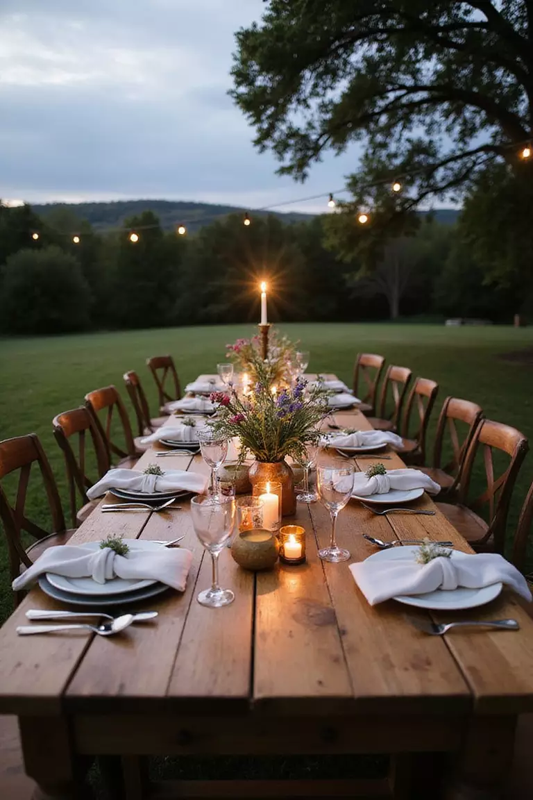 Farm Table Seating For Dinner A professional photo, similar to a photo in a wedding magazine, of long, handcrafted farm tables set for dinner with linen napkins, wildflowers, and glowing candles under an open sky.