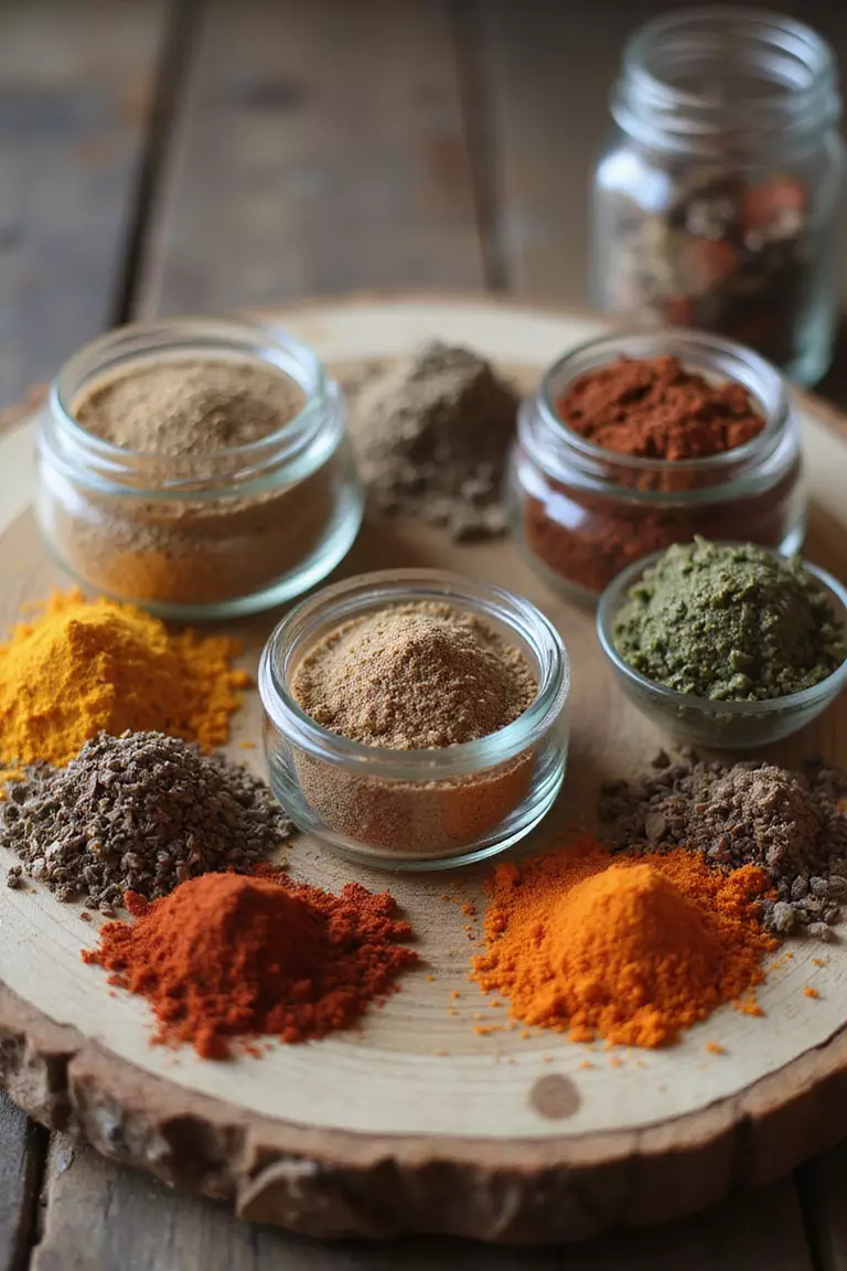 Custom Spice Blends A professional photo, similar to a photo in a wedding magazine, of small glass jars filled with colorful spices arranged on a rustic wooden board.