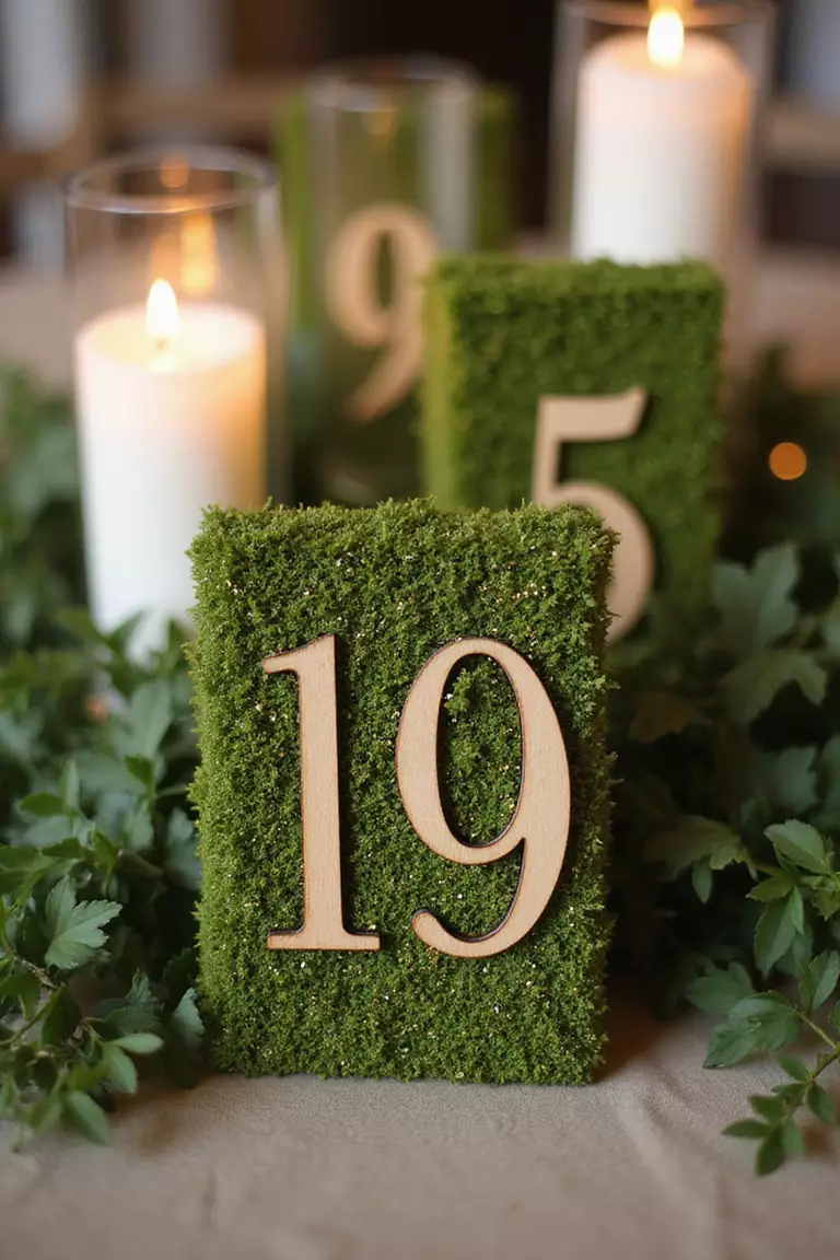 Moss-Covered Table Numbers A professional photo, similar to a photo in a wedding magazine, of wooden table numbers covered in lush green moss with tiny gold flecks, standing elegantly among candles and greenery.
