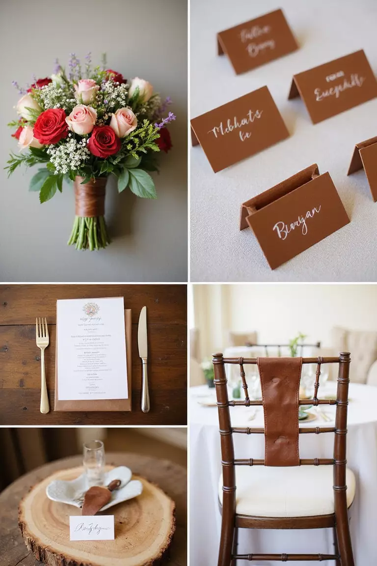 Brown Leather Wedding Accents A professional photo, similar to a photo in a wedding magazine, of wedding details featuring brown leather elements including bouquet wrap, place cards, and chair accents.