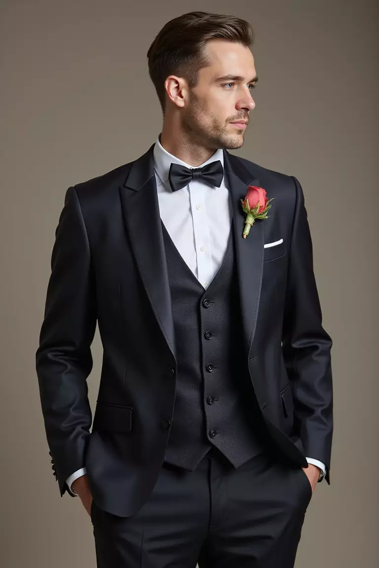 Custom-Tailored Suit With Personal Details A professional photo, similar to a photo in a wedding magazine, of a man in a perfectly custom-tailored suit with personalized monogram details and unique lining at a luxury wedding.