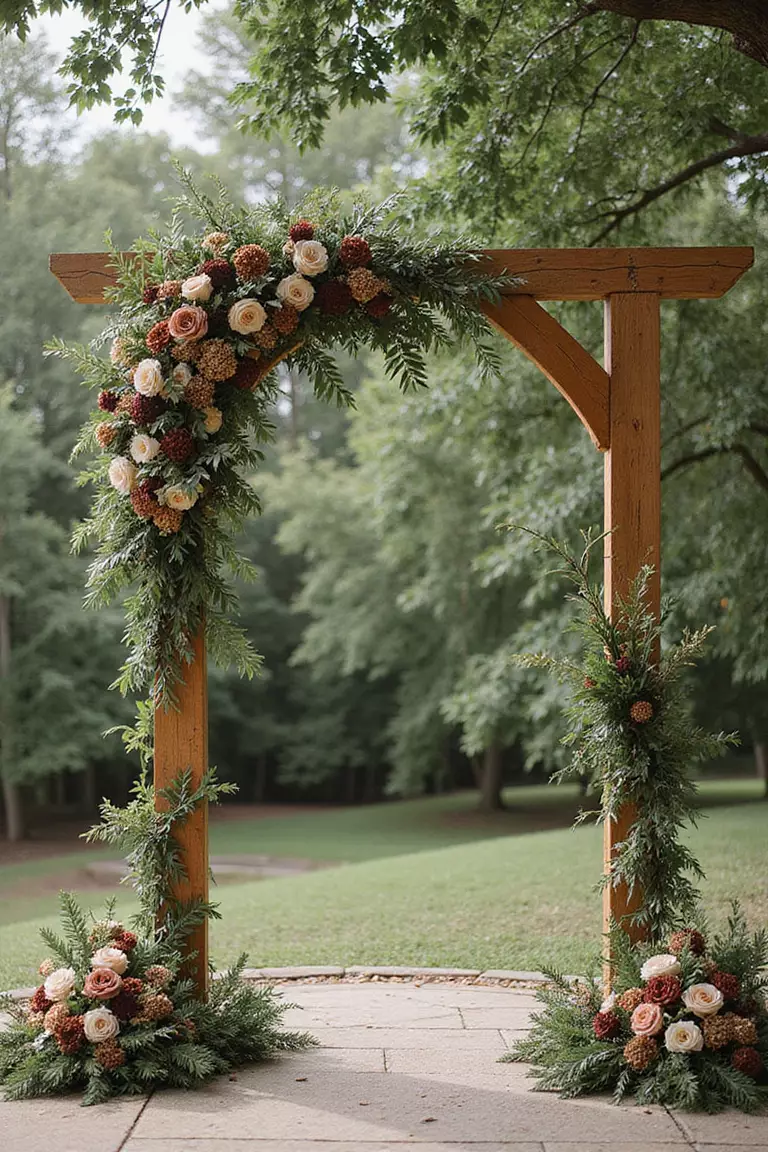Natural Wood And Brown Decor Elements A professional photo, similar to a photo in a wedding magazine, of wedding altar crafted from natural wood, decorated with brown-toned florals and greenery.