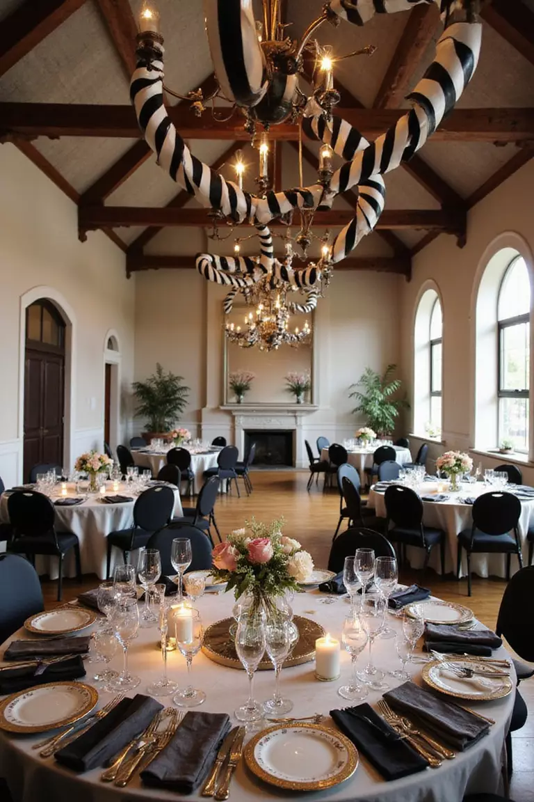 Tim Burton Cinematic Influence A professional photo, similar to a photo in a wedding magazine, of spiraling black and white striped decorations, dramatically uneven candelabras, and quirky skeletal elements adorning an elegant but whimsical reception space.