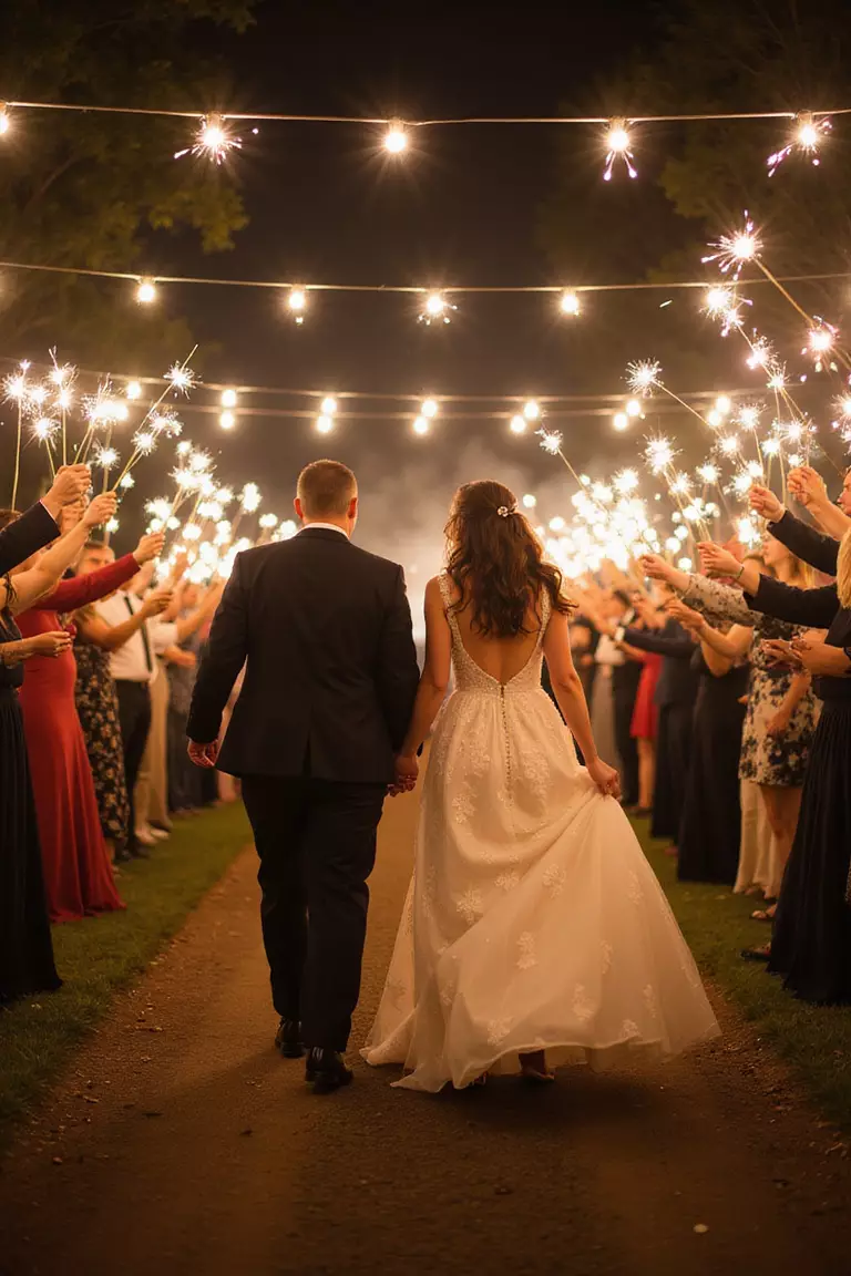 Sparkler Exit Magic A professional photo, similar to a photo in a wedding magazine, of newlyweds running through tunnel of sparklers at night, lights creating magical streaks.