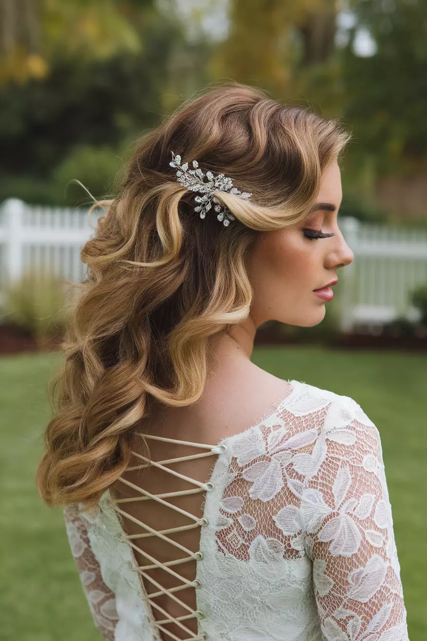 Romantic Side-Swept Curls A professional photo, similar to a photo in a wedding magazine, of romantic side-swept curls flowing over one shoulder, adorned with a delicate crystal clip near the temple.