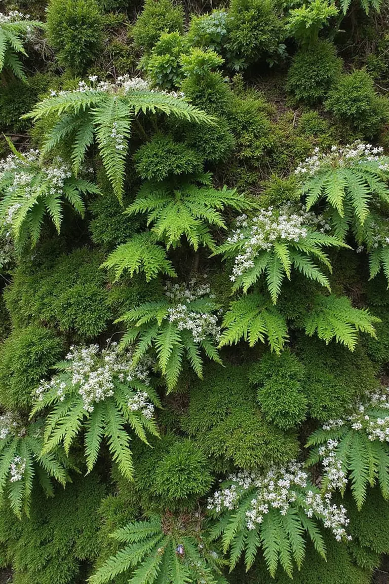 Living Moss And Fern Wall Installations A professional photo, similar to a photo in a wedding magazine, of a living wall installation of ferns, moss, and small white flowers creating a natural backdrop.