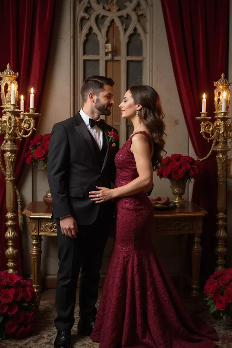 Vampire Romance Inspired A professional photo, similar to a photo in a wedding magazine, of a couple in burgundy and black attire sharing an intimate moment among ornate candelabras, crimson roses, and velvet drapery with gothic architecture.
