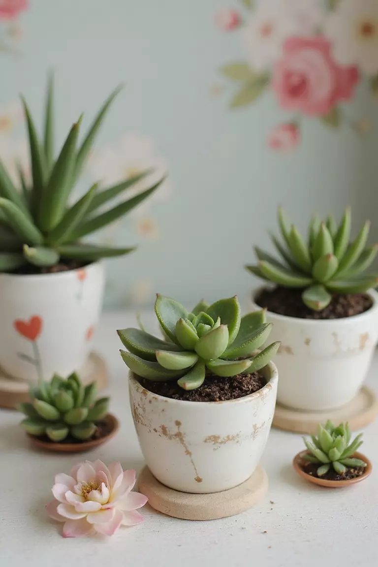 Succulent Plants In Decorative Pots A professional photo, similar to a photo in a wedding magazine, of miniature succulent plants in decorative ceramic pots with a soft-focus floral background.