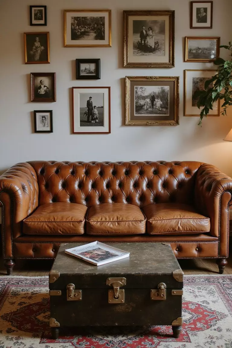 Antique Brown Wedding Furniture Rentals A professional photo, similar to a photo in a wedding magazine, of vintage wedding lounge area featuring antique brown leather chesterfield sofa, trunk coffee table, and sepia photographs.