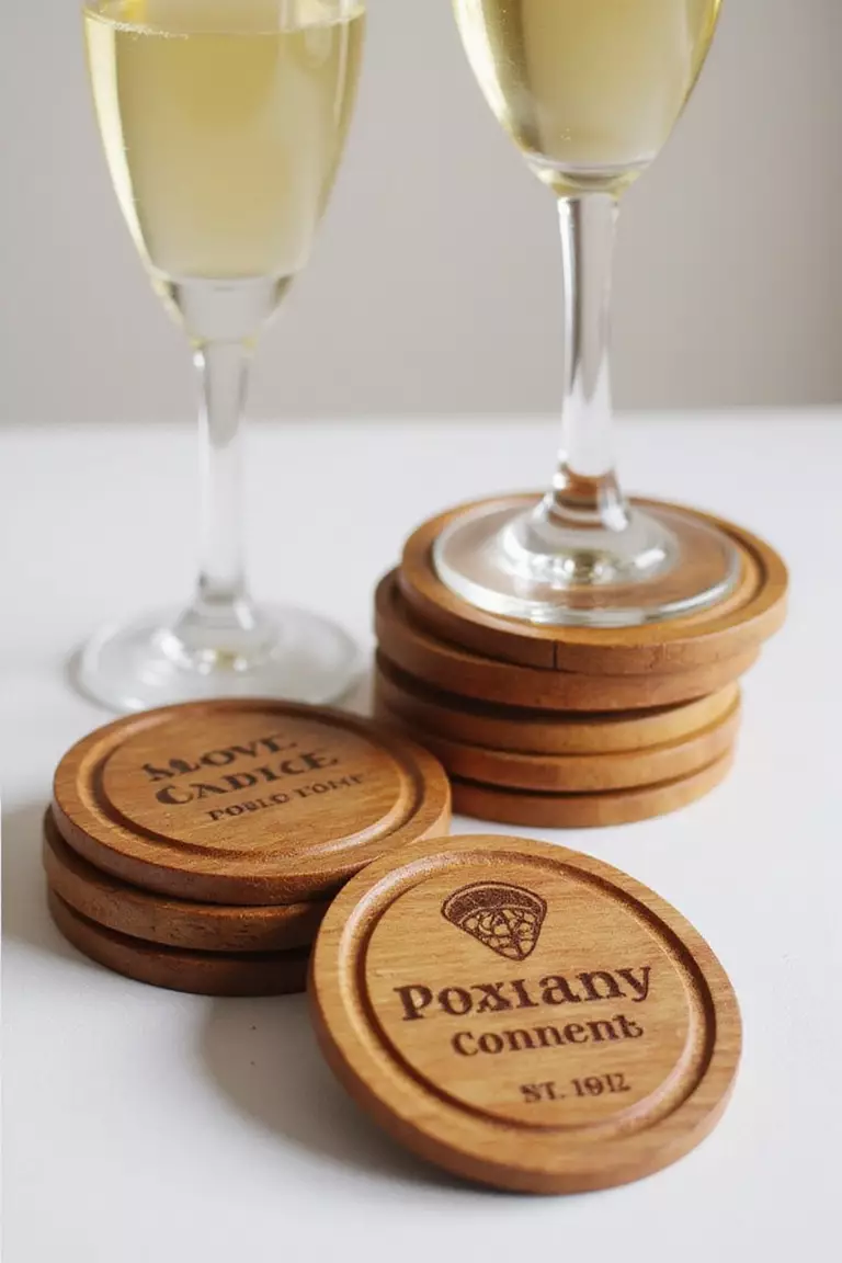 Engraved Wooden Coasters A professional photo, similar to a photo in a wedding magazine, of wooden coasters with engraved designs, stacked beside champagne flutes.