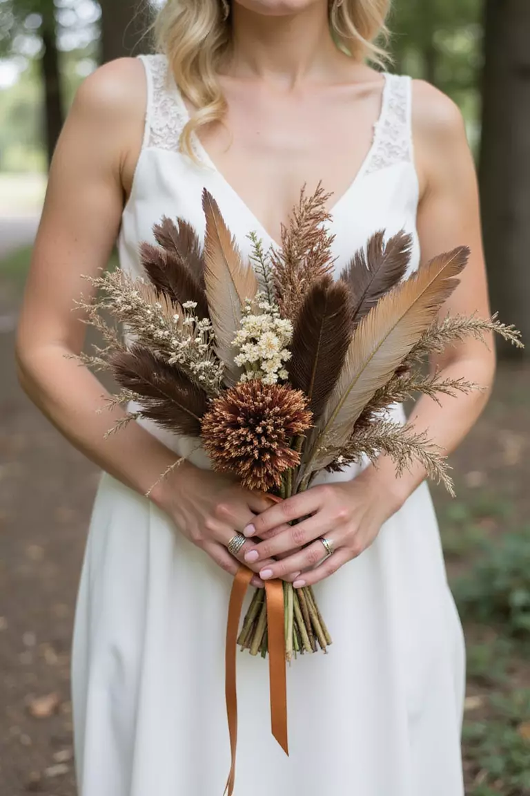 Brown Feather Wedding Accents A professional photo, similar to a photo in a wedding magazine, of bride holding unique bouquet featuring brown pheasant feathers, dried flowers, and trailing ribbons.