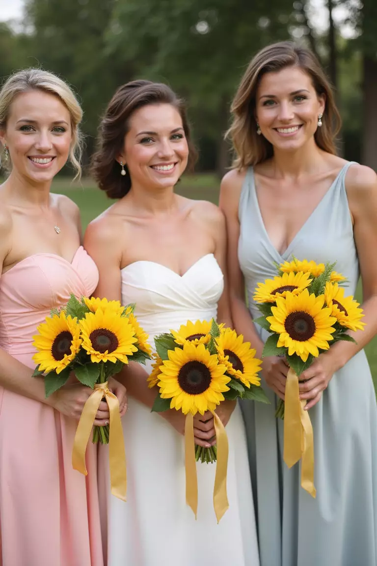 Sunflower Bouquets For Bridesmaids A professional photo, similar to a photo in a wedding magazine, of smiling bridesmaids in pastel dresses holding vibrant bouquets of bright yellow sunflowers tied with satin ribbons.