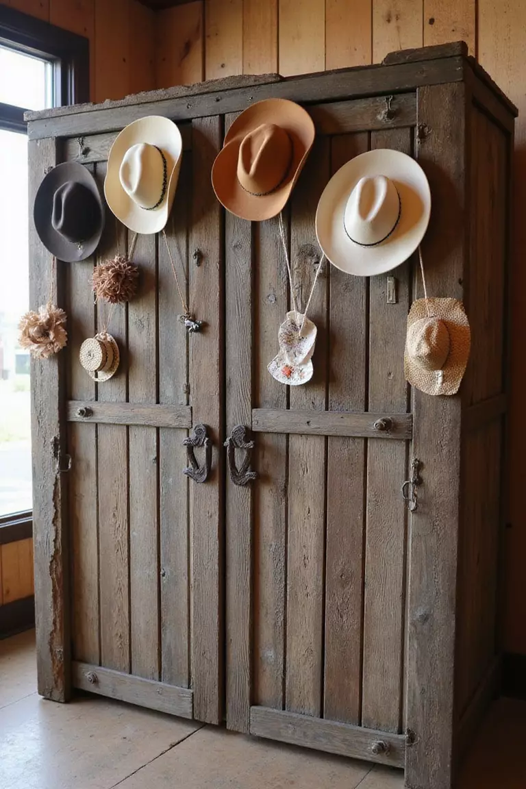 Cowboy Hat Photo Booth Props A professional photo, similar to a photo in a wedding magazine, of a vintage-themed photo booth with hanging cowboy hats, props, and a backdrop of weathered barn wood.