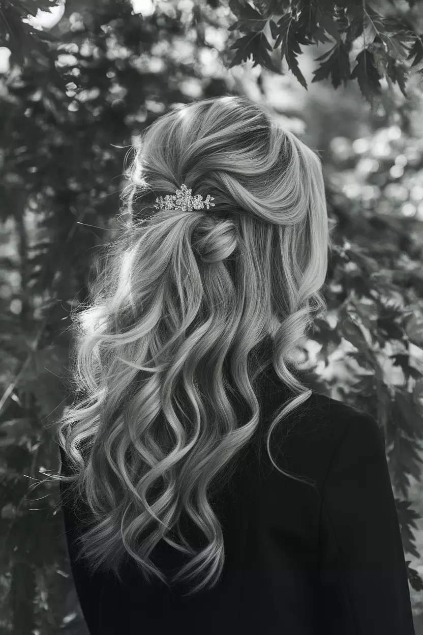 Voluminous Half-Up Style With Cascading Tendrils A professional photo, similar to a photo in a wedding magazine, of a voluminous half-up style with cascading tendrils framing the face, creating dimension and romantic allure.