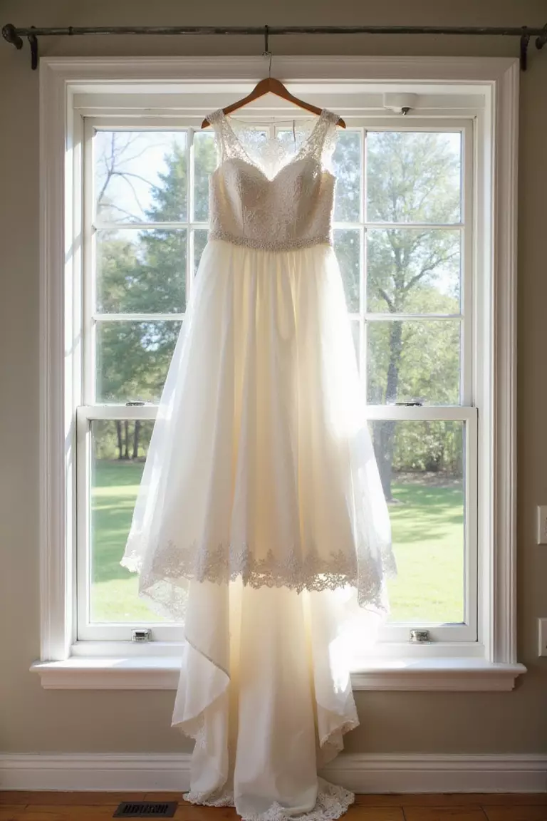 The Dress Hanging In Anticipation A professional photo, similar to a photo in a wedding magazine, of a white wedding dress hanging by a window, bathed in soft morning light.