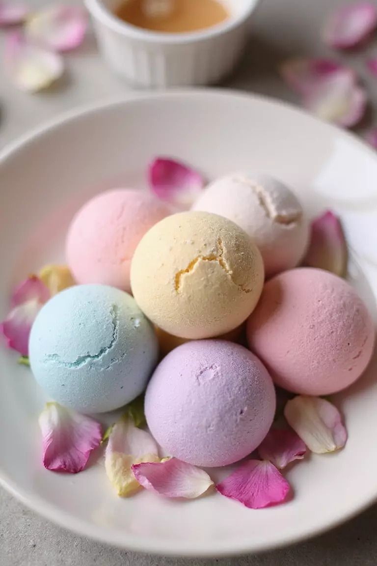 Scented Bath Bombs A professional photo, similar to a photo in a wedding magazine, of colorful bath bombs with flower petals, arranged in a white ceramic bowl.