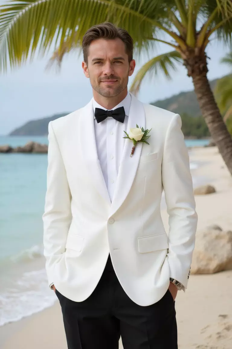 White Dinner Jacket For Tropical Destinations A professional photo, similar to a photo in a wedding magazine, of a man in a white dinner jacket with black trousers and bow tie at a tropical destination wedding.