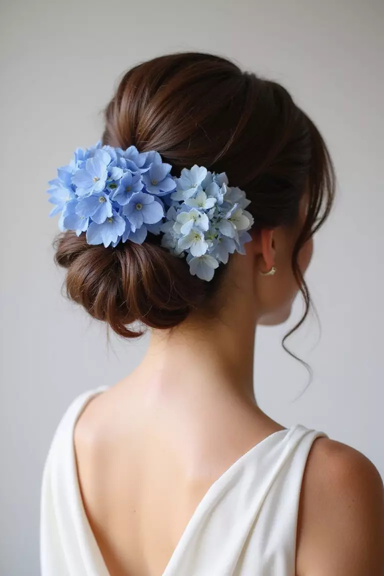 Something Blue Hydrangea Hair Accessories A professional photo, similar to a photo in a wedding magazine, of a bride with blue hydrangea flowers woven into her updo hairstyle.
