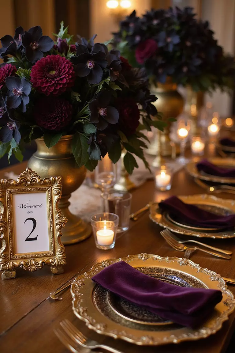 Baroque Darkness And Luxury A professional photo, similar to a photo in a wedding magazine, of ornate gold baroque frames containing table numbers, rich velvet napkins, gilded dinnerware, and dramatic floral arrangements featuring black orchids.