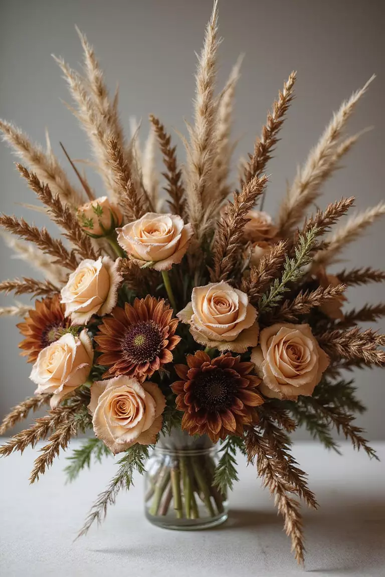 Hazelnut And Brown Floral Arrangements A professional photo, similar to a photo in a wedding magazine, of stunning floral centerpiece with hazelnut-colored roses, brown dahlias, and wheat stalks.
