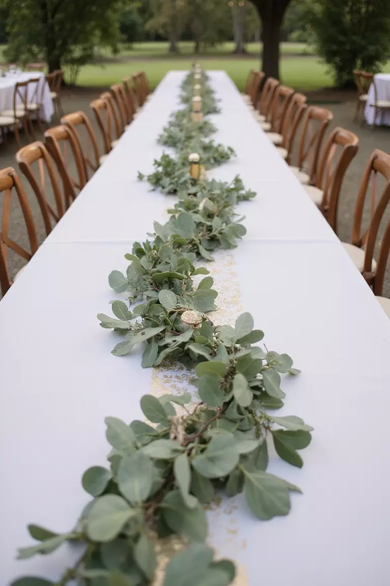 Eucalyptus And Gold Leaf Table Runners A professional photo, similar to a photo in a wedding magazine, of a long reception table decorated with eucalyptus garlands intertwined with delicate gold leaf accents running down its center.
