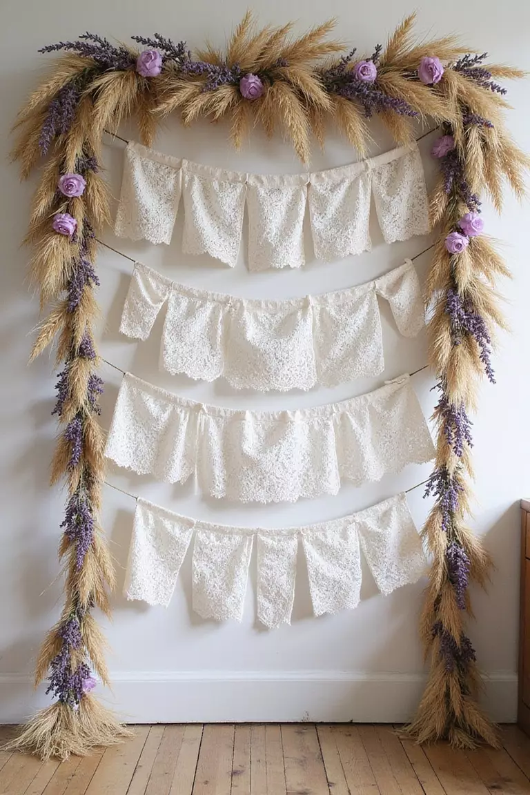Vintage Lace And Dried Flower Banners A professional photo, similar to a photo in a wedding magazine, of antique lace banners interspersed with dried lavender, roses, and wheat creating a vintage garland wall.