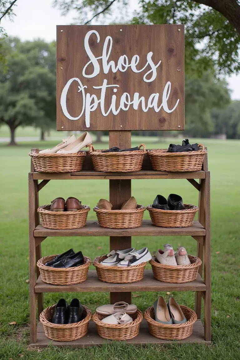 Shoe Check Station A professional photo, similar to a photo in a wedding magazine, of a rustic wooden station with baskets for guests' shoes, decorated with a "Shoes Optional" sign.