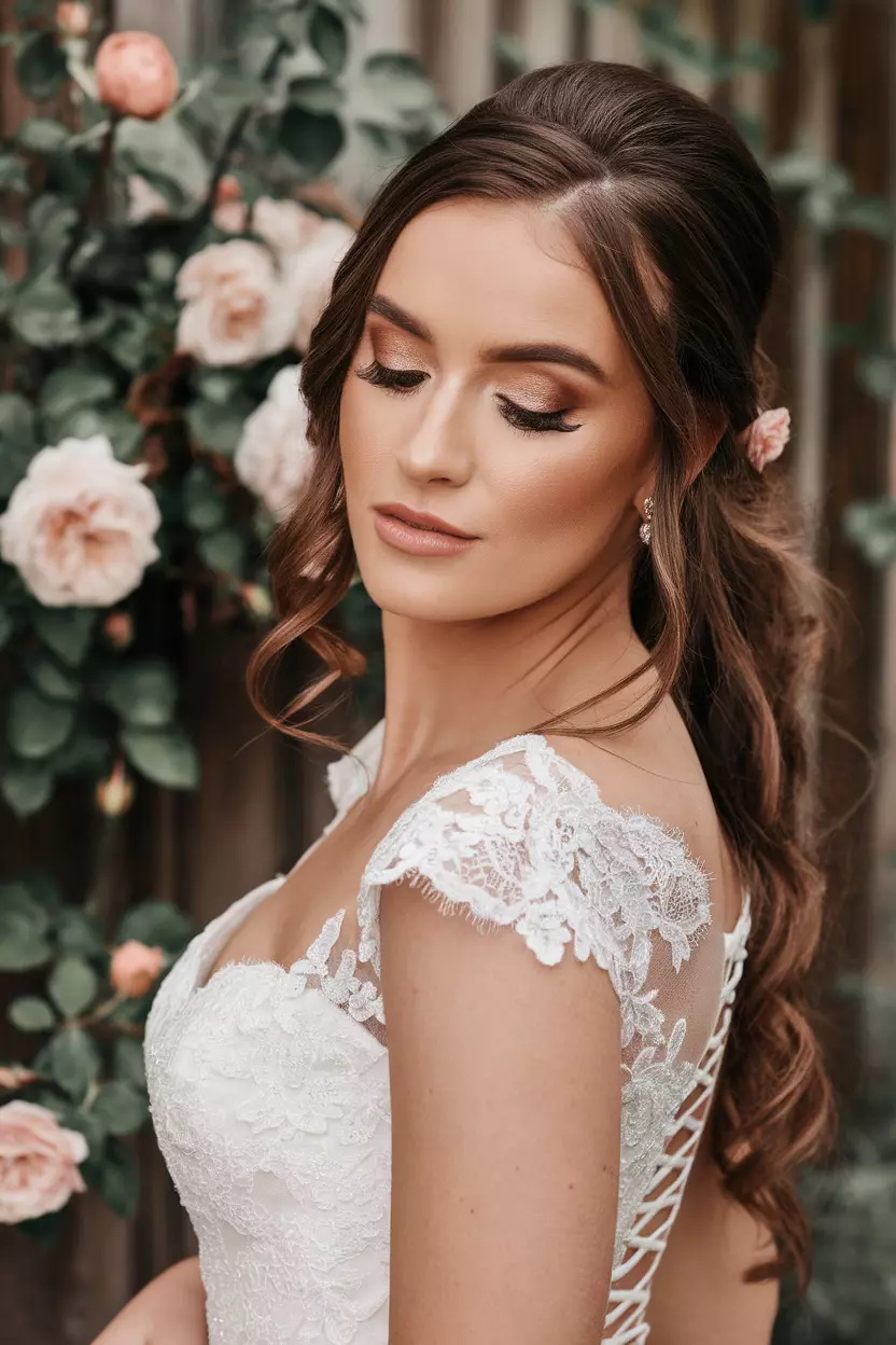 A professional photo, similar to a photo in a wedding magazine, of a bride with brown eyes featuring soft smoky eye makeup with rosy champagne shimmer and delicate lashes.