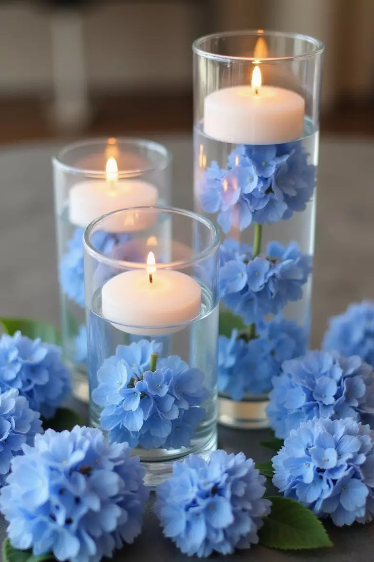 Hydrangea And Candle Centerpieces A professional photo, similar to a photo in a wedding magazine, of tall glass cylinder vases with floating candles surrounded by blue hydrangea blooms.