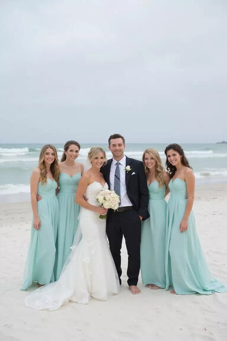 Barefoot Beach Wedding Party A professional photo, similar to a photo in a wedding magazine, of a bride, groom, and wedding party barefoot on white sand with bridesmaids in flowing seafoam dresses.