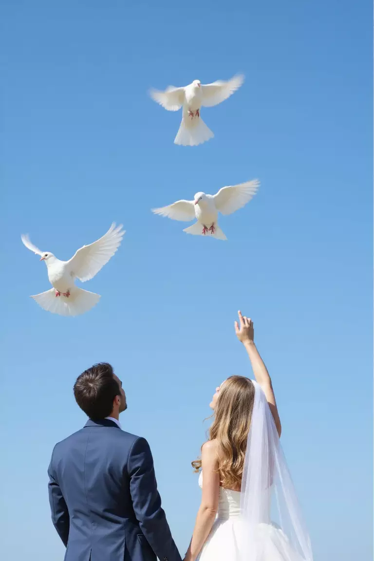 White Doves Released Against Blue Sky A professional photo, similar to a photo in a wedding magazine, of 3 white doves being released against a bright blue sky as newlyweds look upward.