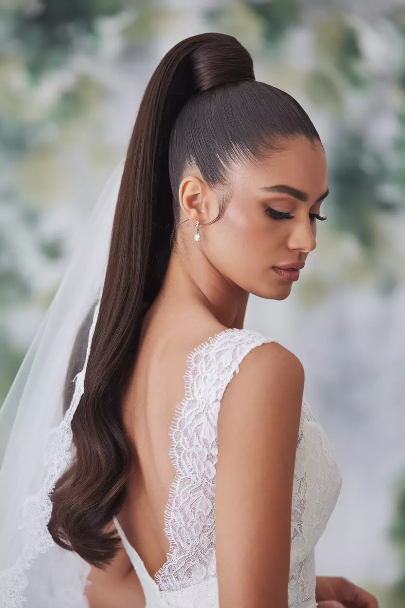 Sleek High Ponytail With Hair Wrap A professional photo, similar to a photo in a wedding magazine, of a sleek high ponytail wrapped with a section of hair, creating a polished, modern bridal look.