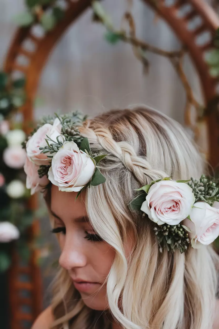 Braided Halo With Fresh Flowers A professional photo, similar to a photo in a wedding magazine, of a braided halo with pale pink roses and greenery woven seamlessly throughout the blonde hair.