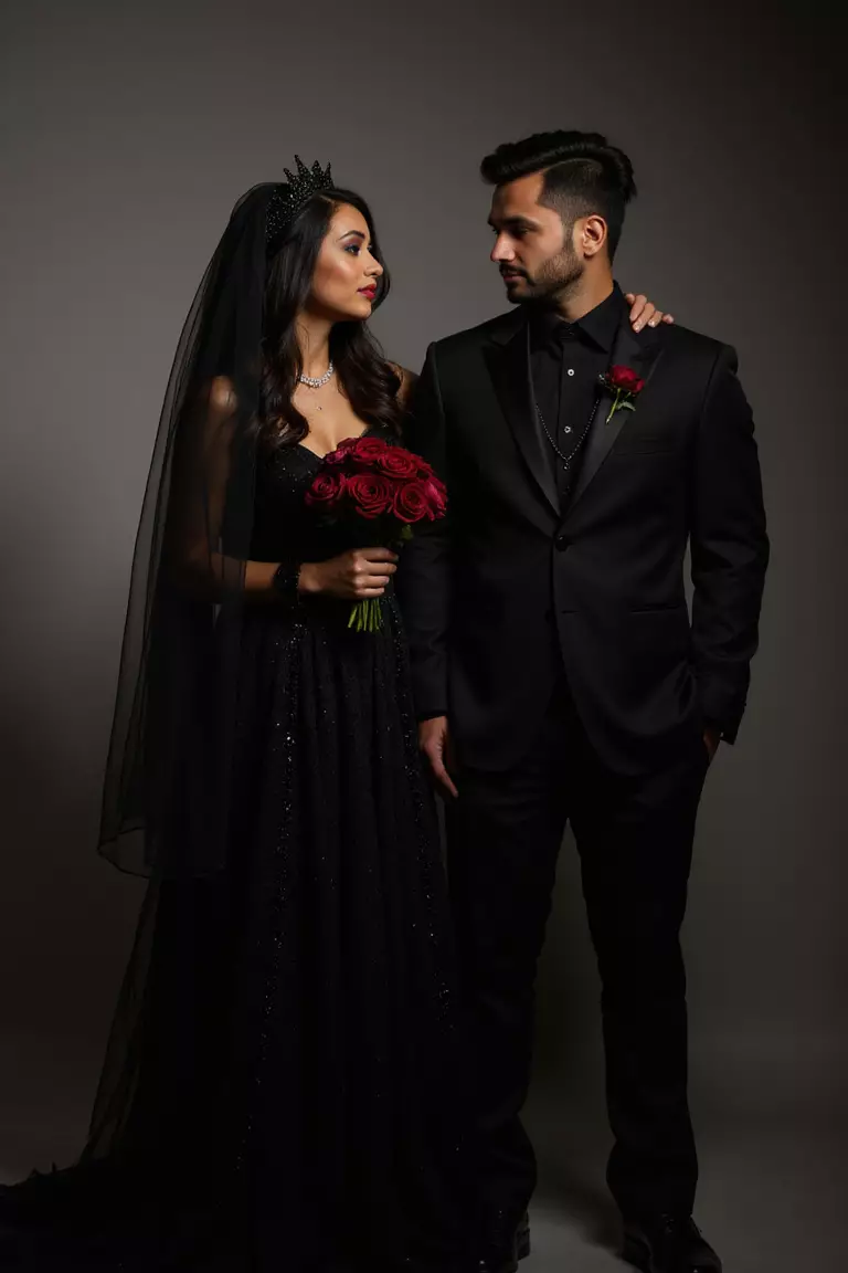 Film Noir Romance A professional photo, similar to a photo in a wedding magazine, of a bride and groom in stark black attire against dramatic shadows, with the bride wearing a black veil and holding dark red roses.