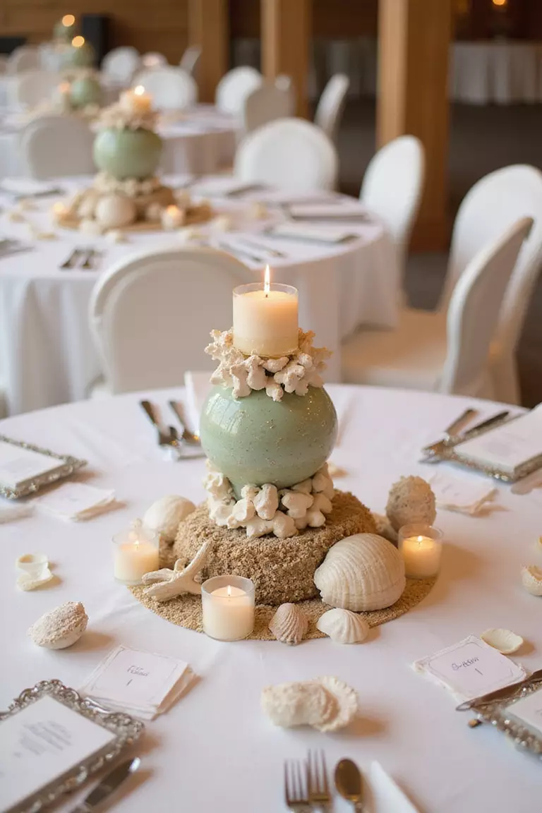Seashell Decorated Wedding Reception A professional photo, similar to a photo in a wedding magazine, of reception tables adorned with seashell centerpieces, coral accents, and sea glass table numbers.