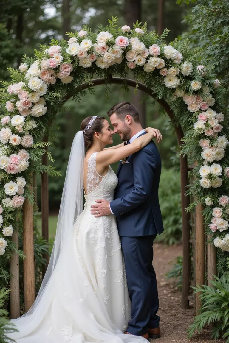 Framed Between Wedding Decor A professional photo, similar to a photo in a wedding magazine, of couple visible through ornate floral arch, creating natural frame around their embrace.