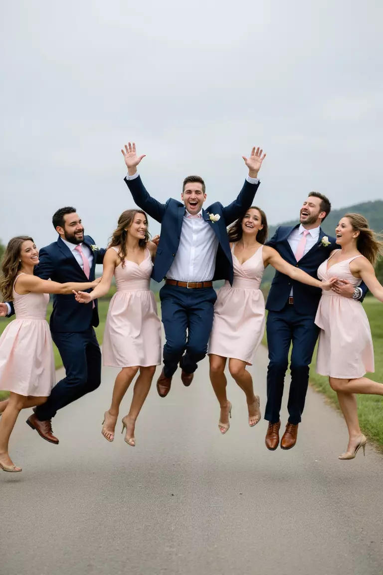 Bridal Party Group Jump A professional photo, similar to a photo in a wedding magazine, of bridesmaids and groomsmen mid-air during synchronized group jump, expressions joyful.