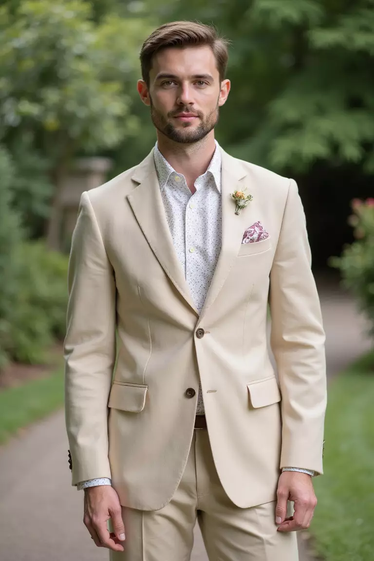 Floral Shirt Under Neutral Suit A professional photo, similar to a photo in a wedding magazine, of a man wearing a subtle floral pattern shirt under a beige linen suit at a garden wedding.